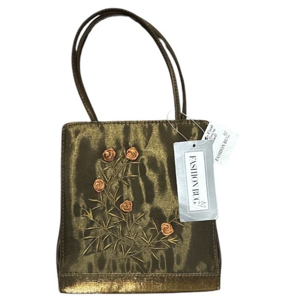 Vintage 90s Fashion Bug Mini Handbag Bronze Satin Floral Embroidered Purse NWT